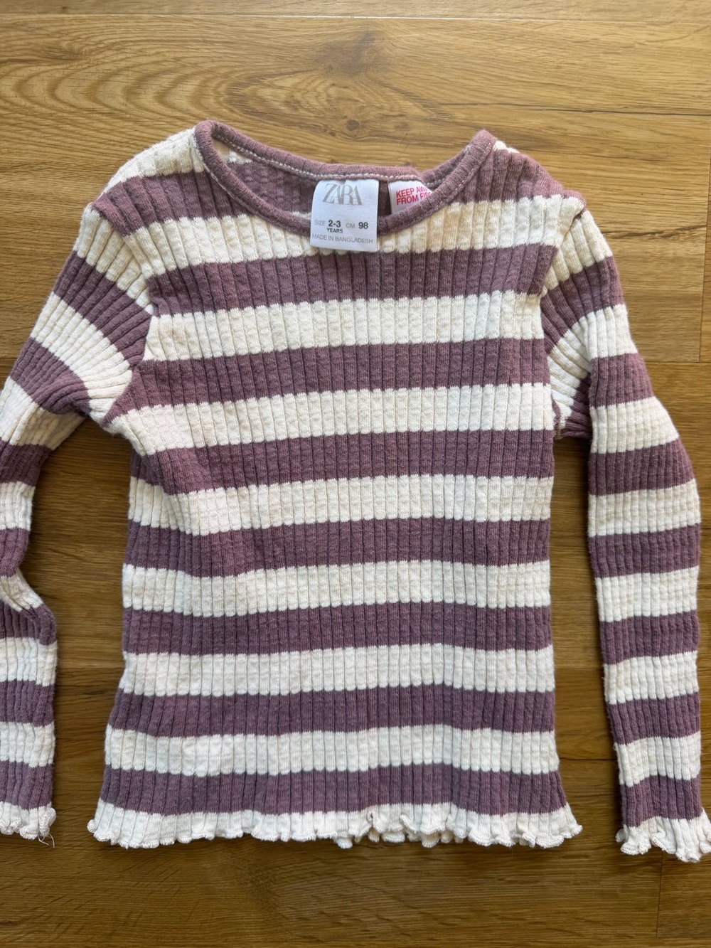 ZARA Ribbed Crewneck Sweater in Mauve and Cream Stripes